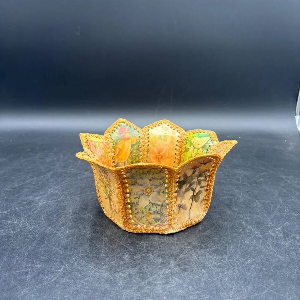 Vintage Handmade Greeting Card Basket Crochet Trim Floral Scalloped Bowl 8.5